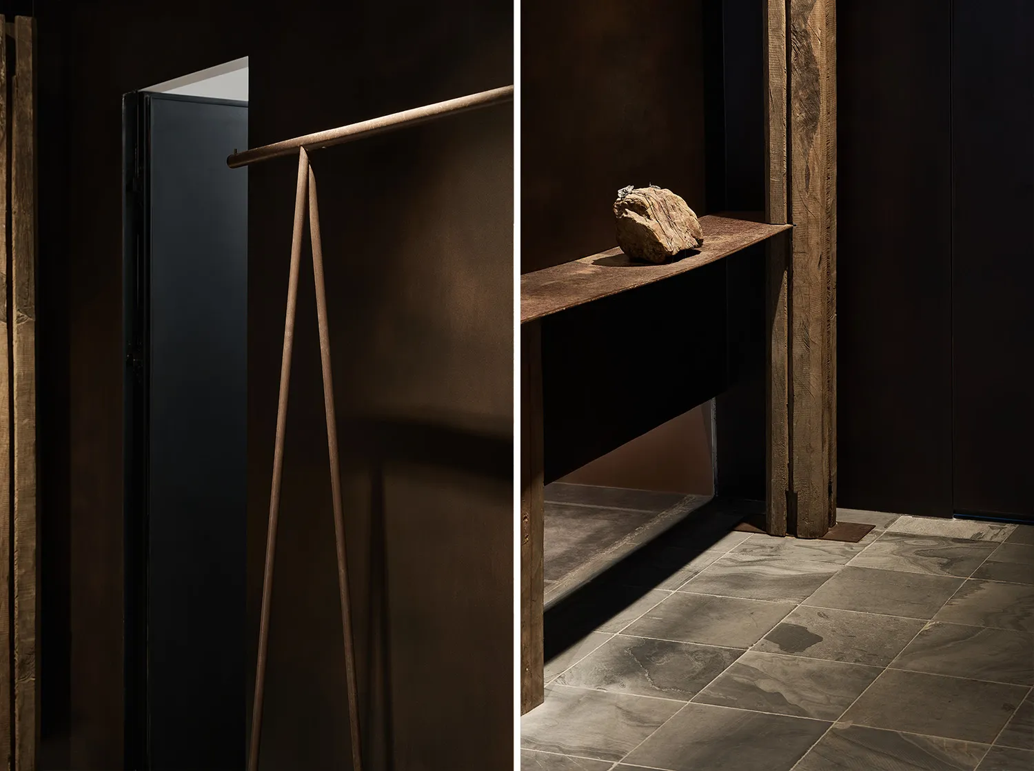 A minimalist interior design featuring wooden and metallic elements with a stone decoration.