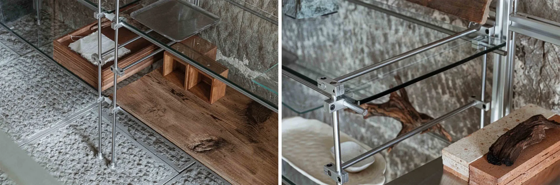 A modern interior design featuring glass and wooden surfaces.