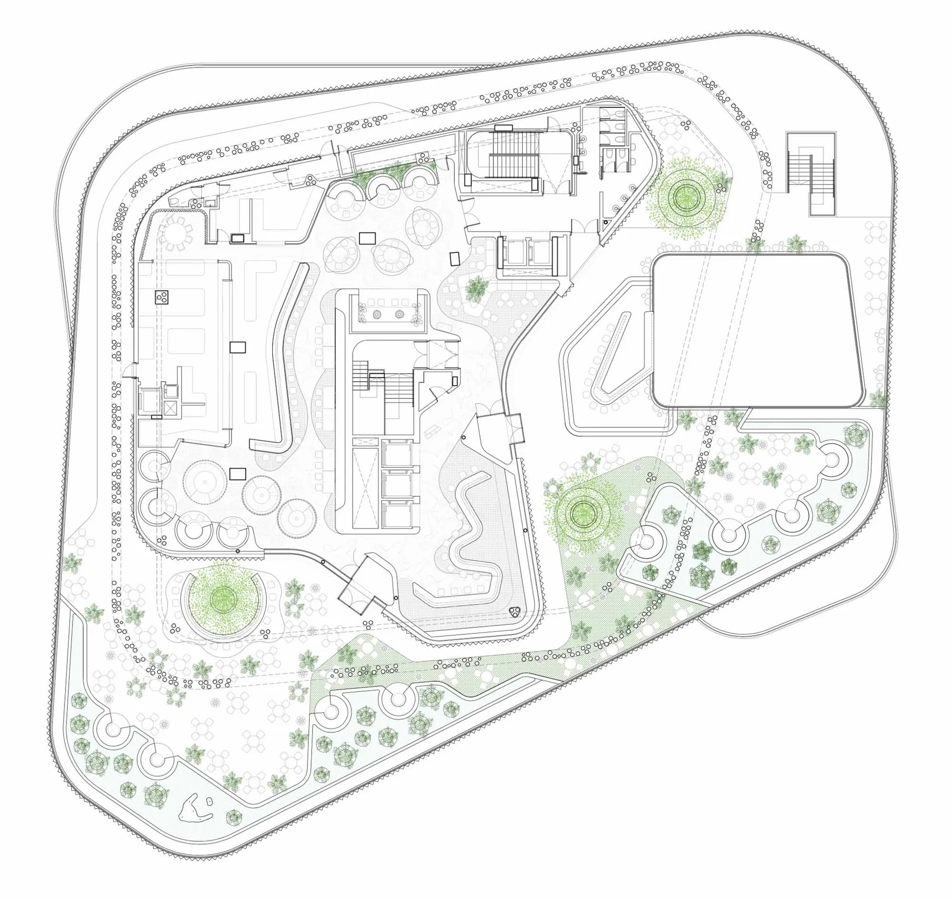 現代辦公室空間的詳細建築平面圖,包含多個功能區域與空間。