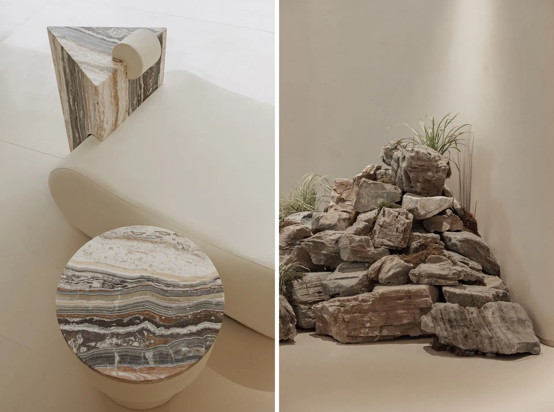 Minimalist interior design featuring a cream-colored ottoman with terrazzo top and side table, surrounded by natural rocks an