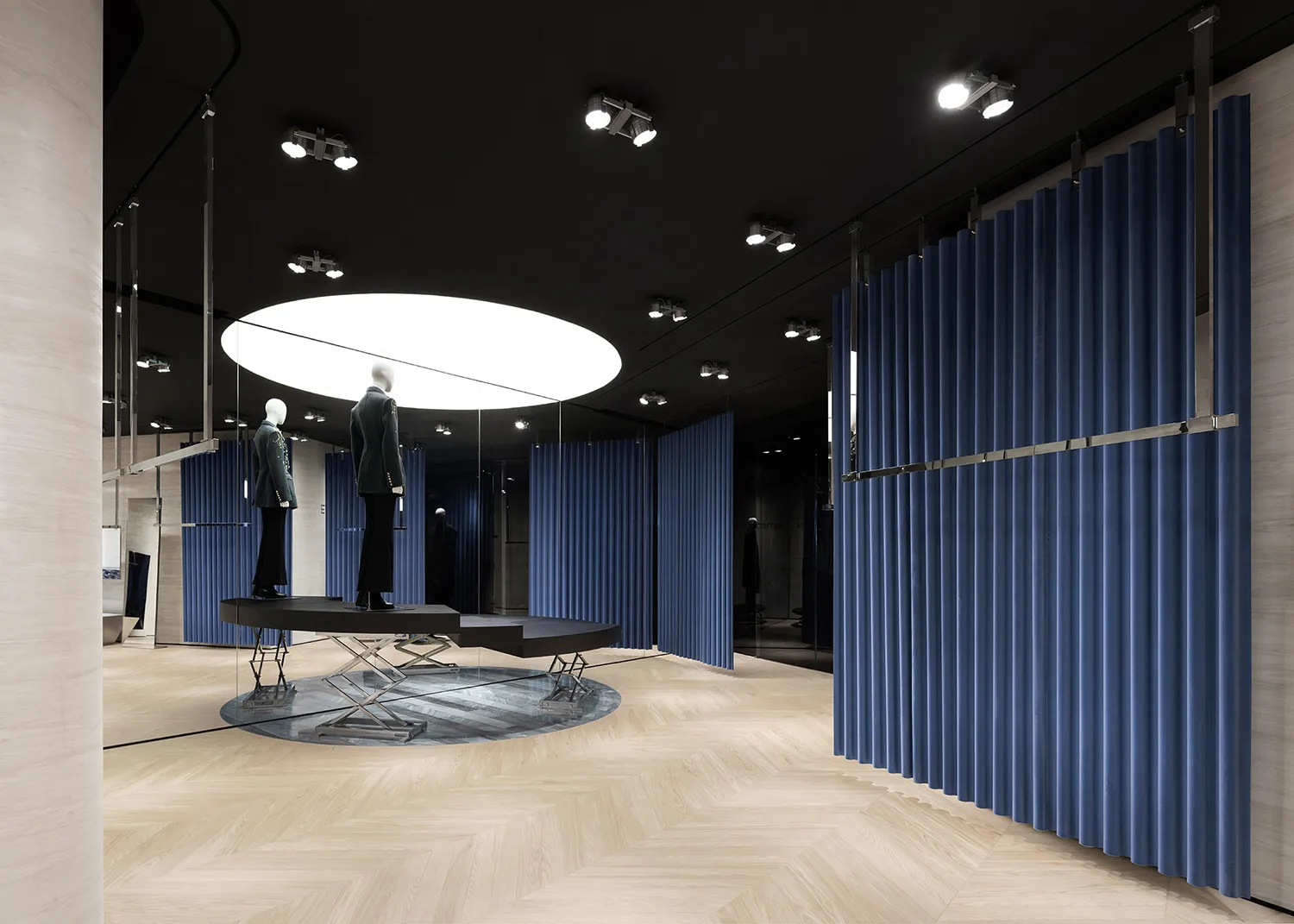 Modern retail shop features a combination of metal, glass, and wood materials.