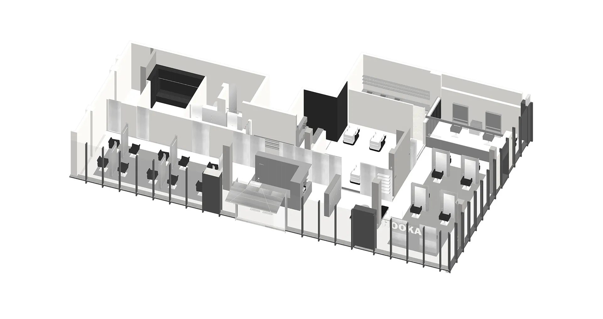 醫院平面圖的3D渲染圖,主要以黑白兩色呈現。