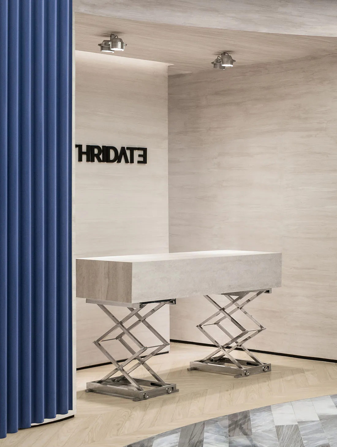 A modern office entry featuring a minimalist concrete desk with metallic legs and a blue curtain
