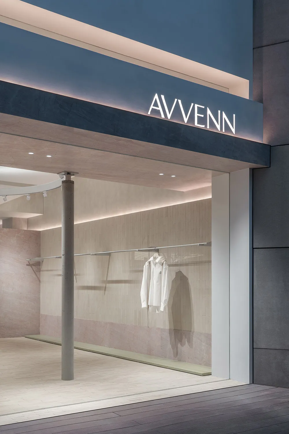 Modern storefront with glass and wooden elements