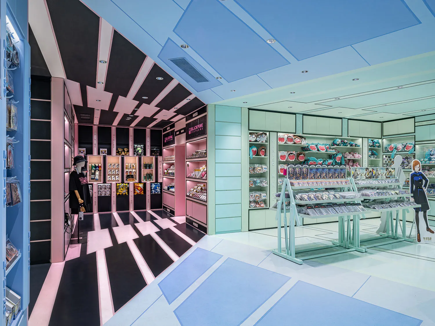 A modern retail store interior with pastel-colored walls and a geometric floor design.