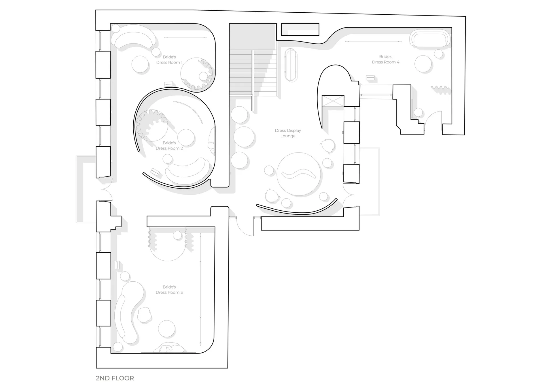 A detailed 2D architectural drawing of a bridal suite on the second floor, featuring specific functional zones and layout.