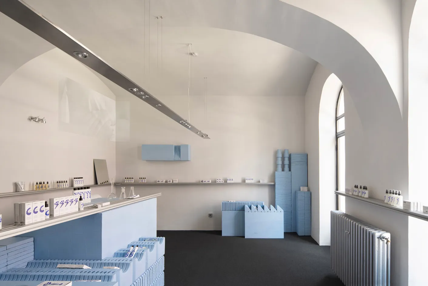 Minimalist spa interior design featuring blue painted blocks