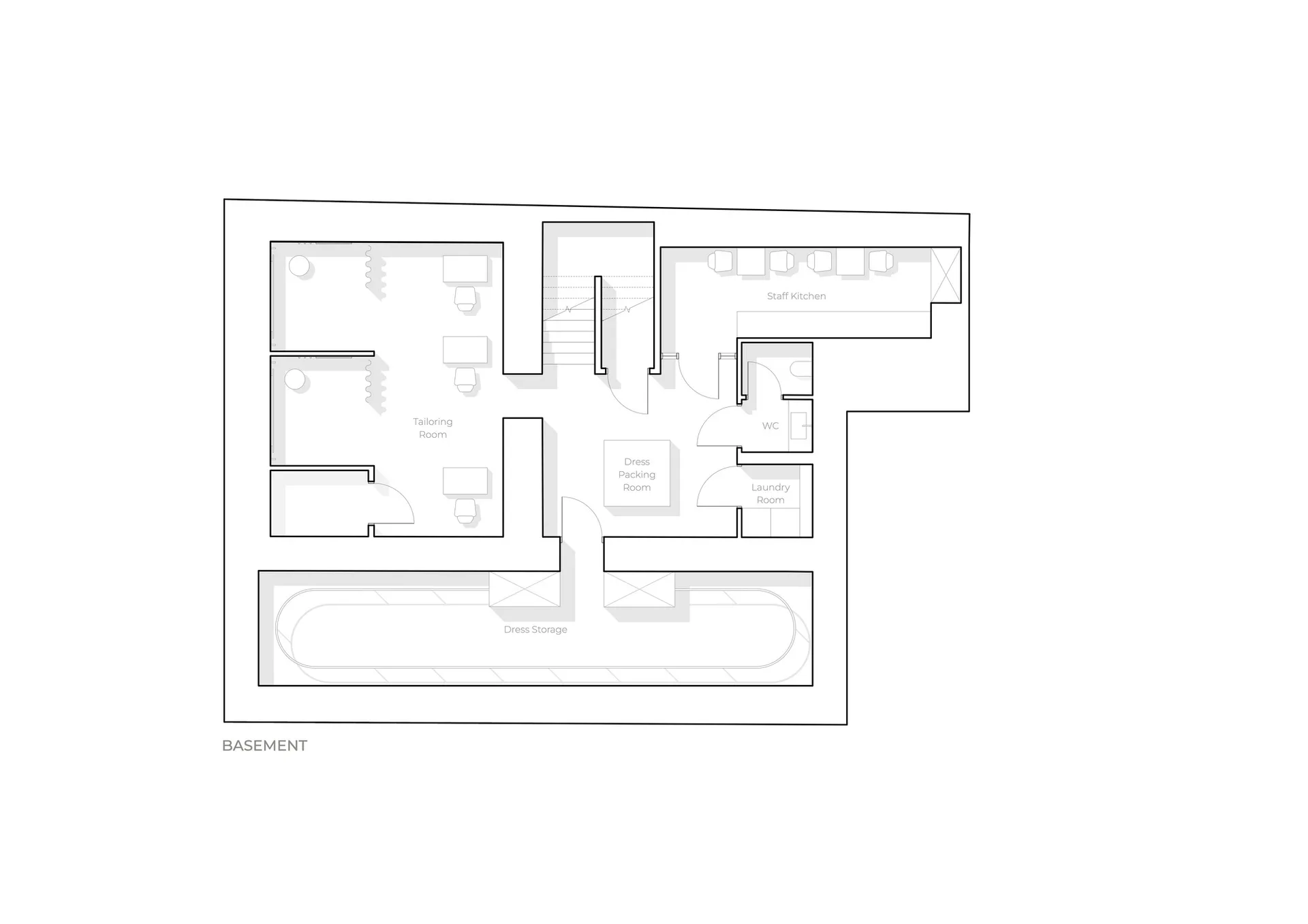 Floor plan of a minimalist office space featuring neutral colors and a sleek design.