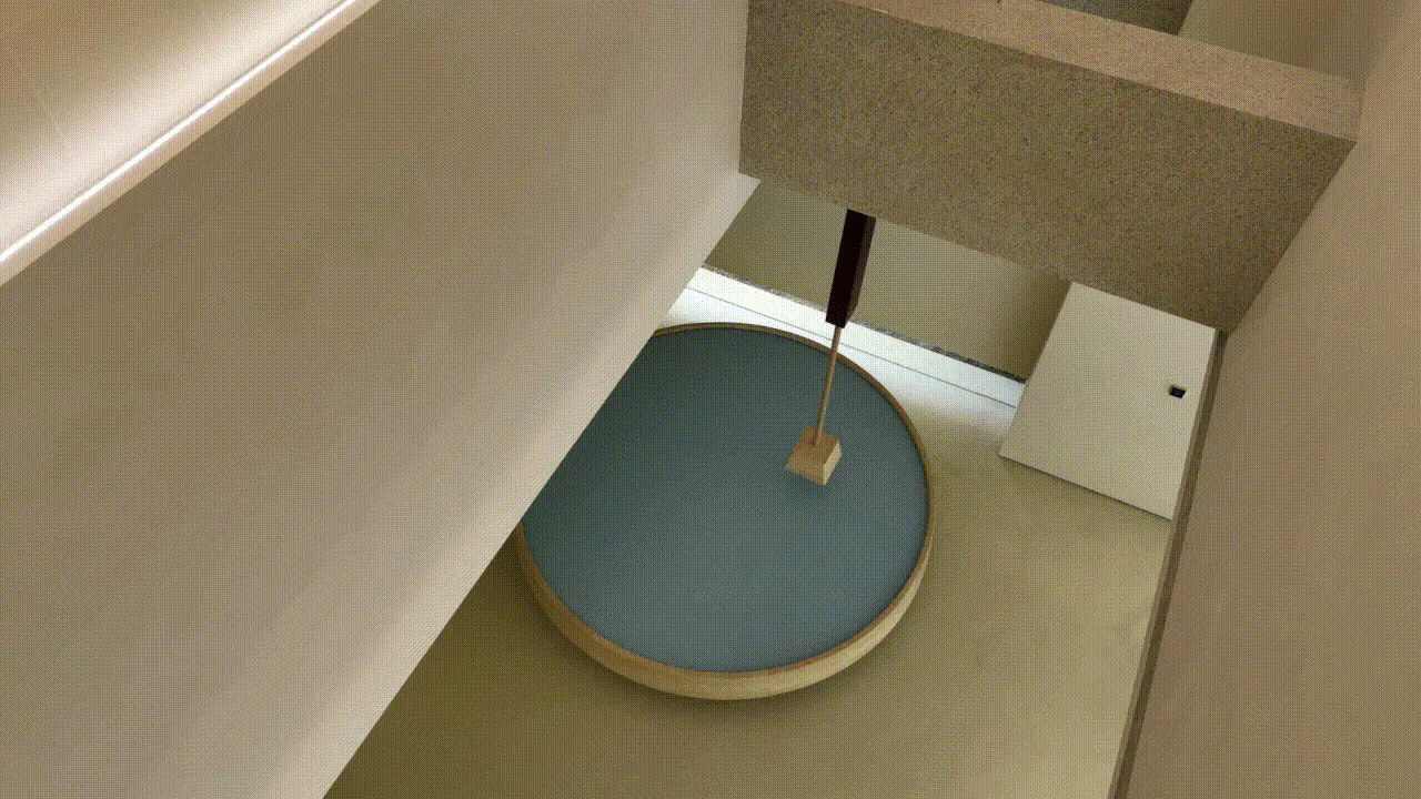 極簡建築空間,搭配藍色地板材質。