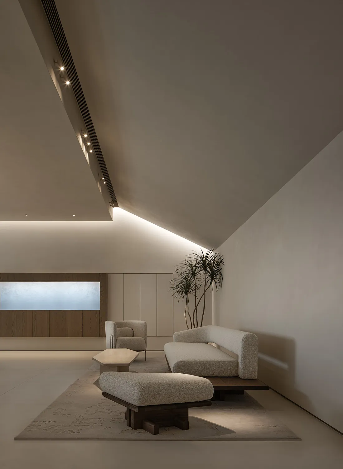 Modern minimalist living room with textured upholstery and wooden elements
