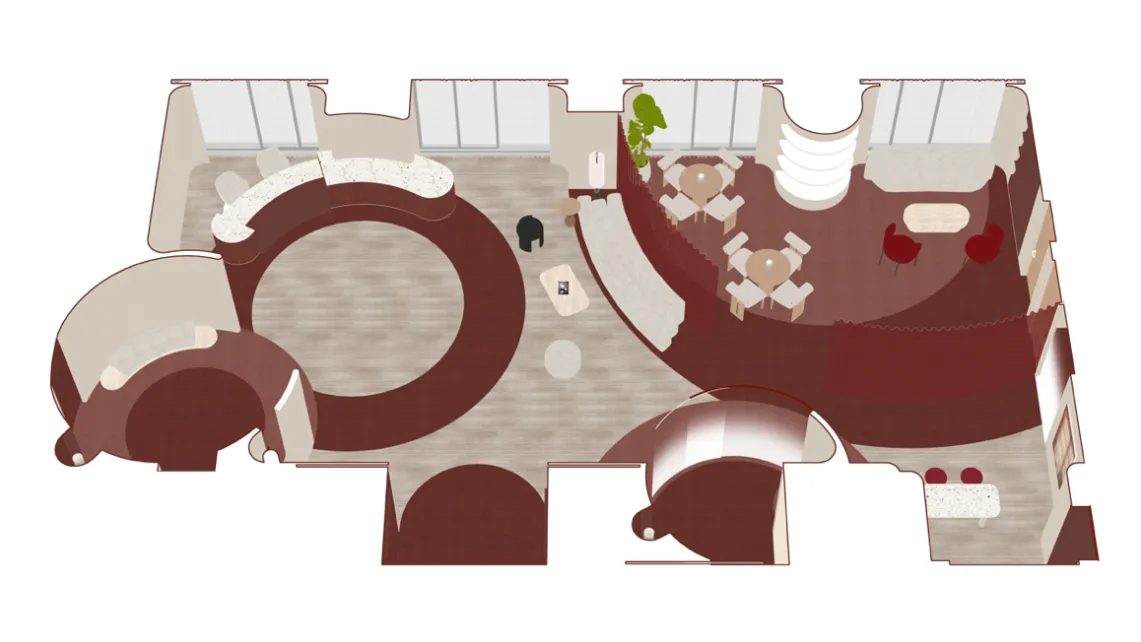 A modern office space with carpeted floors and wooden walls.