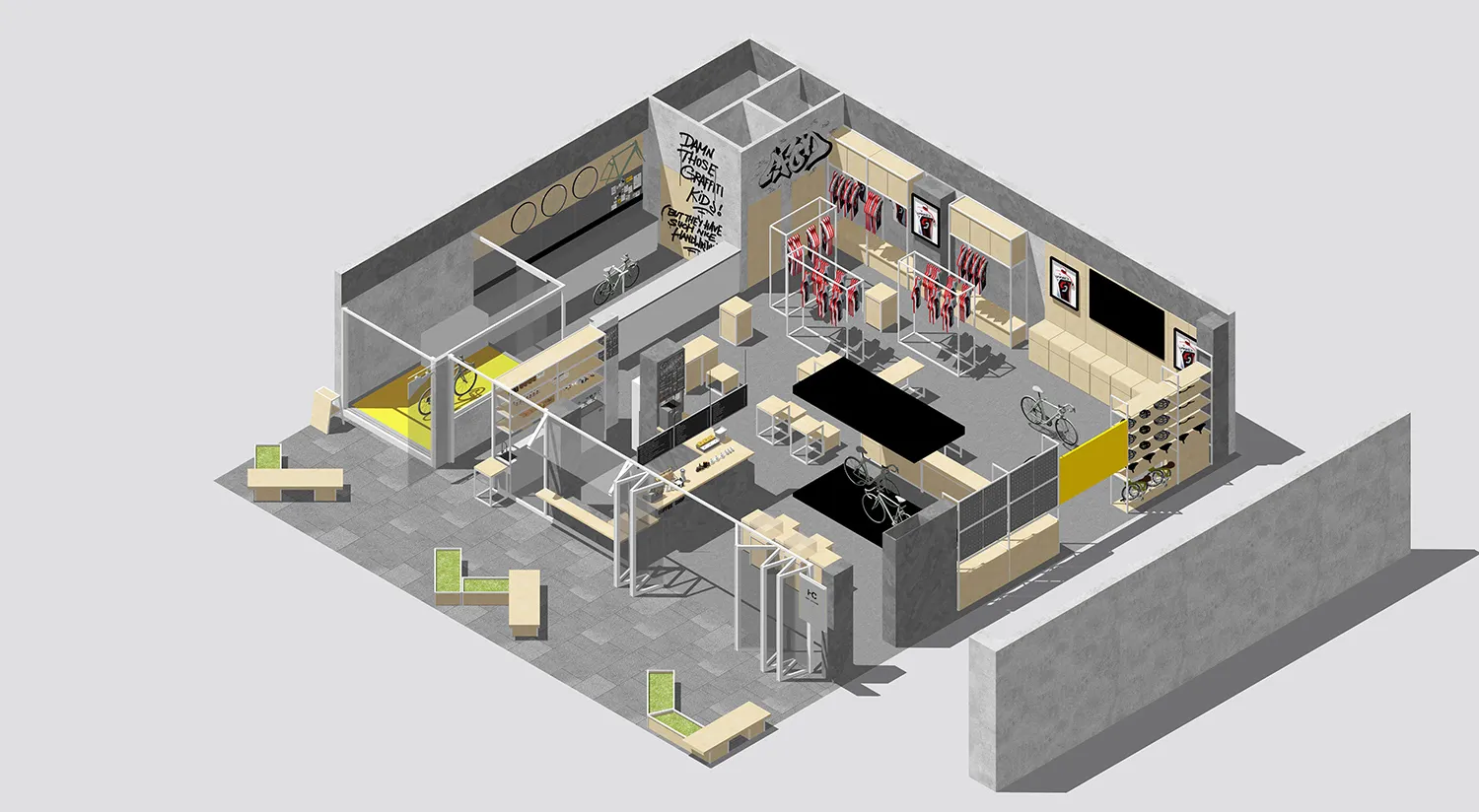 3D rendering of an industrial retail store with concrete flooring and minimalist design.