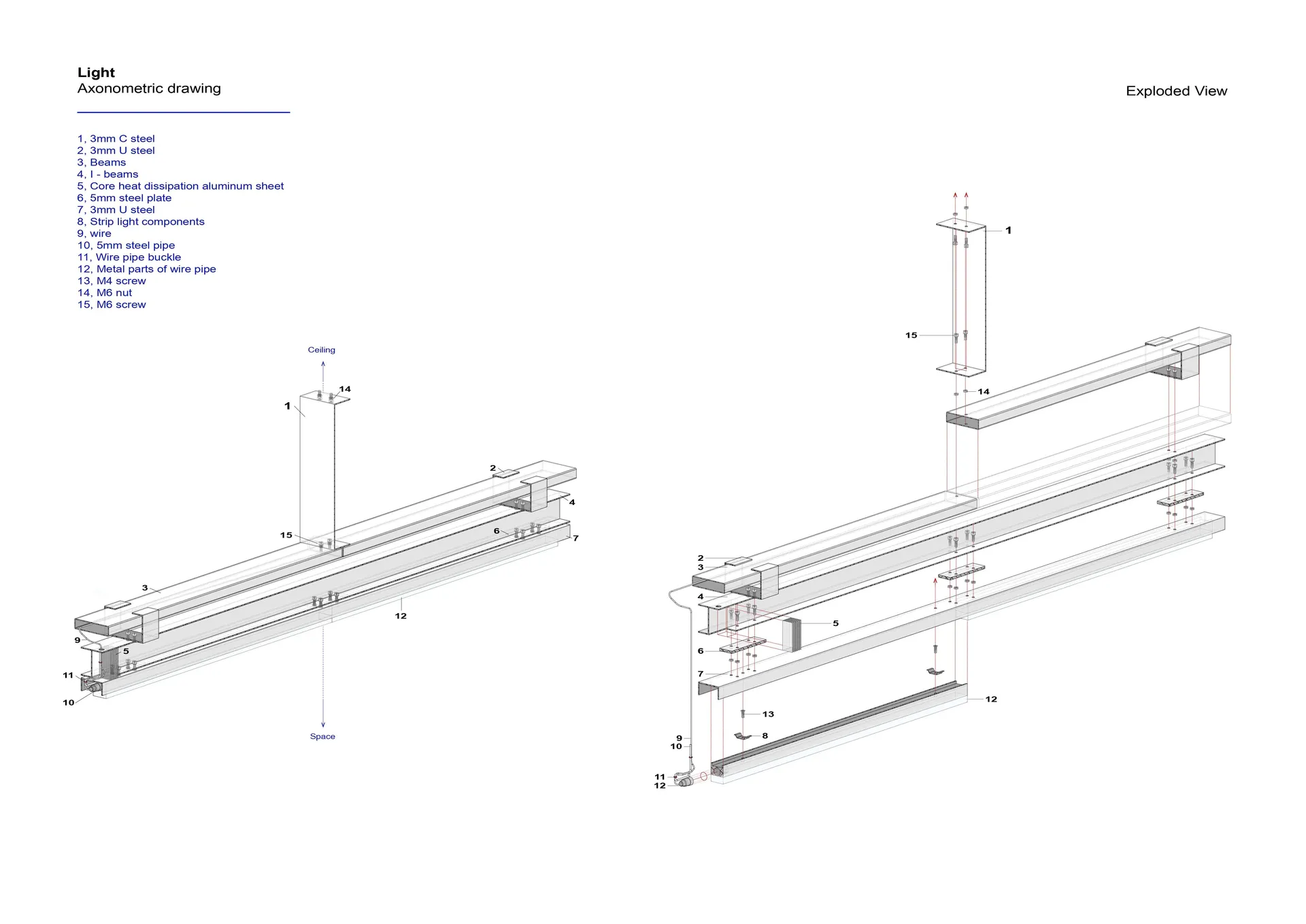 Exploded view of an industrial lighting assembly comprising various metallic components and screws.