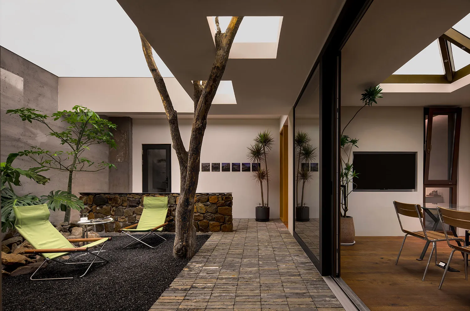 A minimalist residential patio featuring stone pavers, concrete wall, and green plants