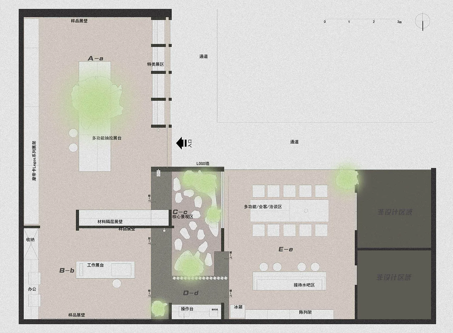 A floor plan of a modern office space showcasing the layout and functional zones.