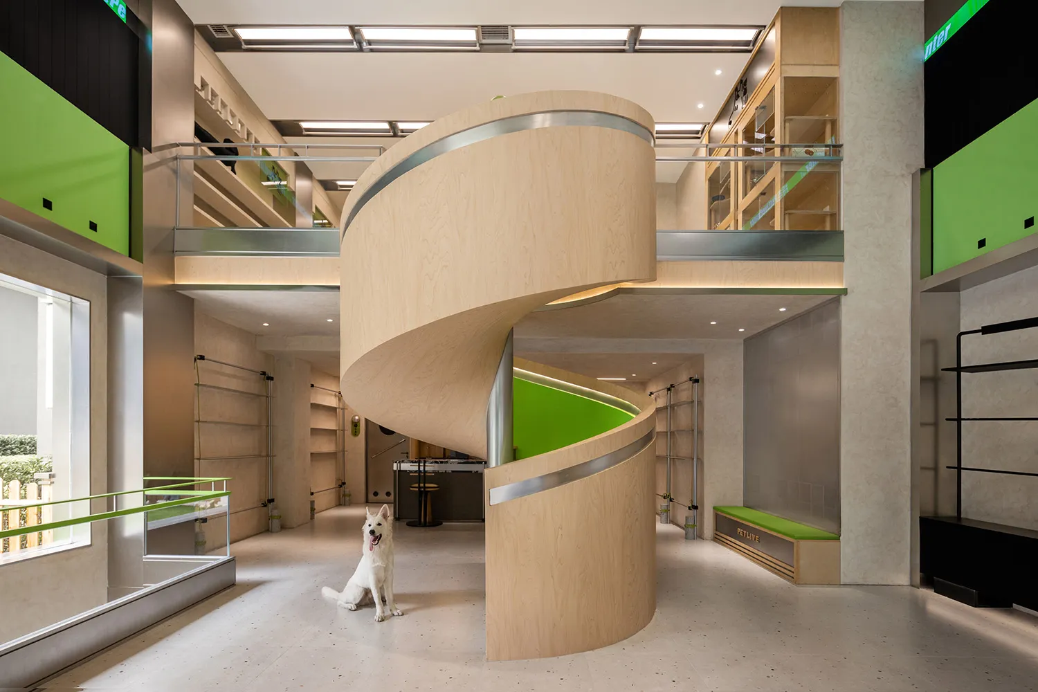 A modern retail space featuring wooden structures and metallic accents.