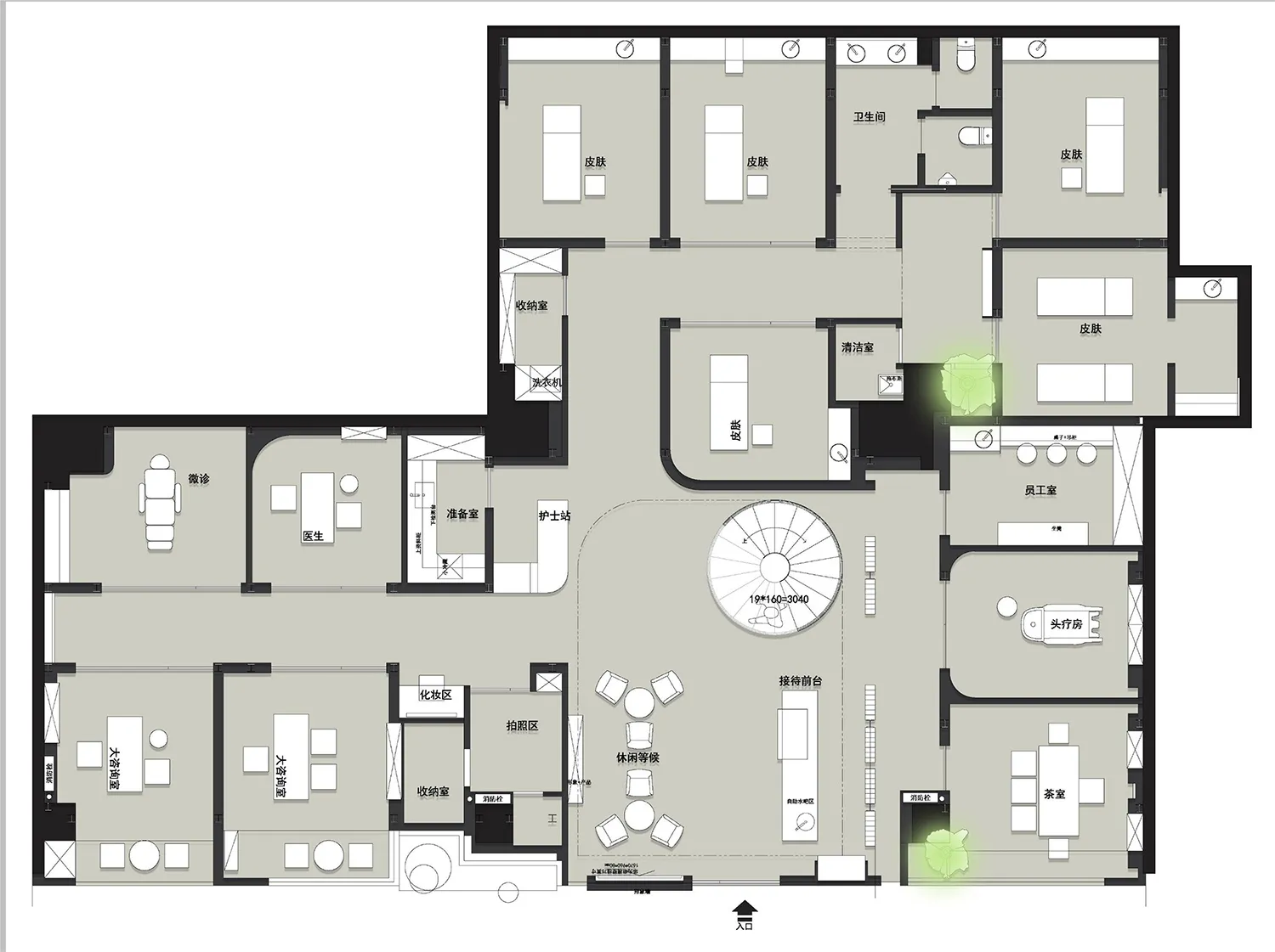 A detailed 2D architectural drawing of an office layout plan.