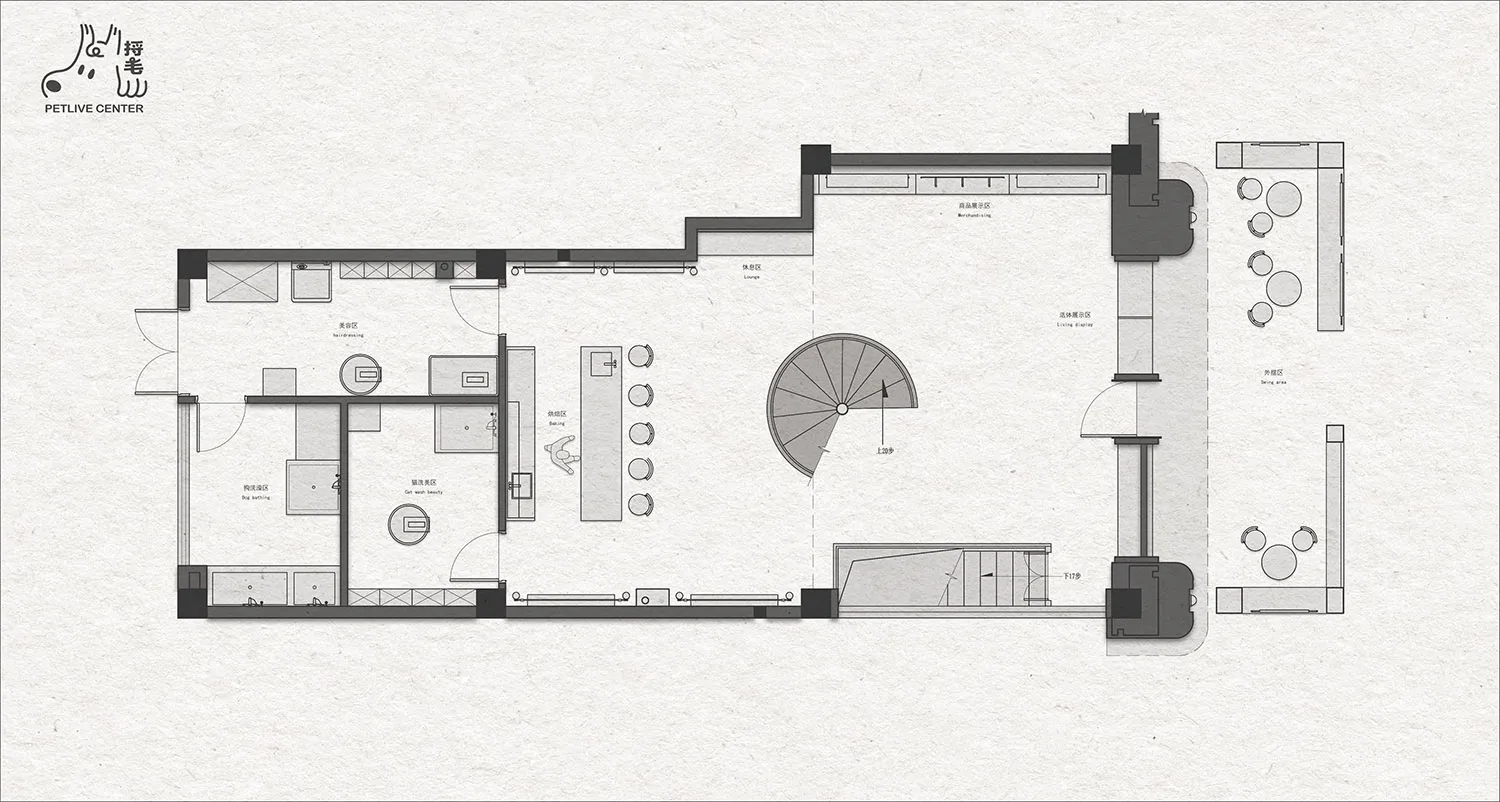 Floor plan of a pet-care center with various functional zones including grooming, bathing, and display areas.