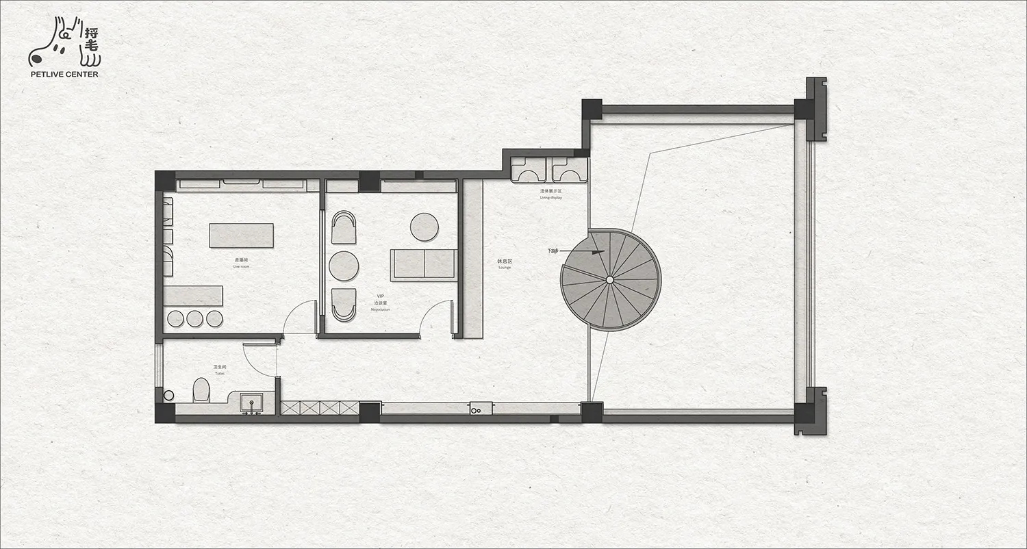 Grey-scale architectural drawing of an office space with a central lobby and various functional zones.