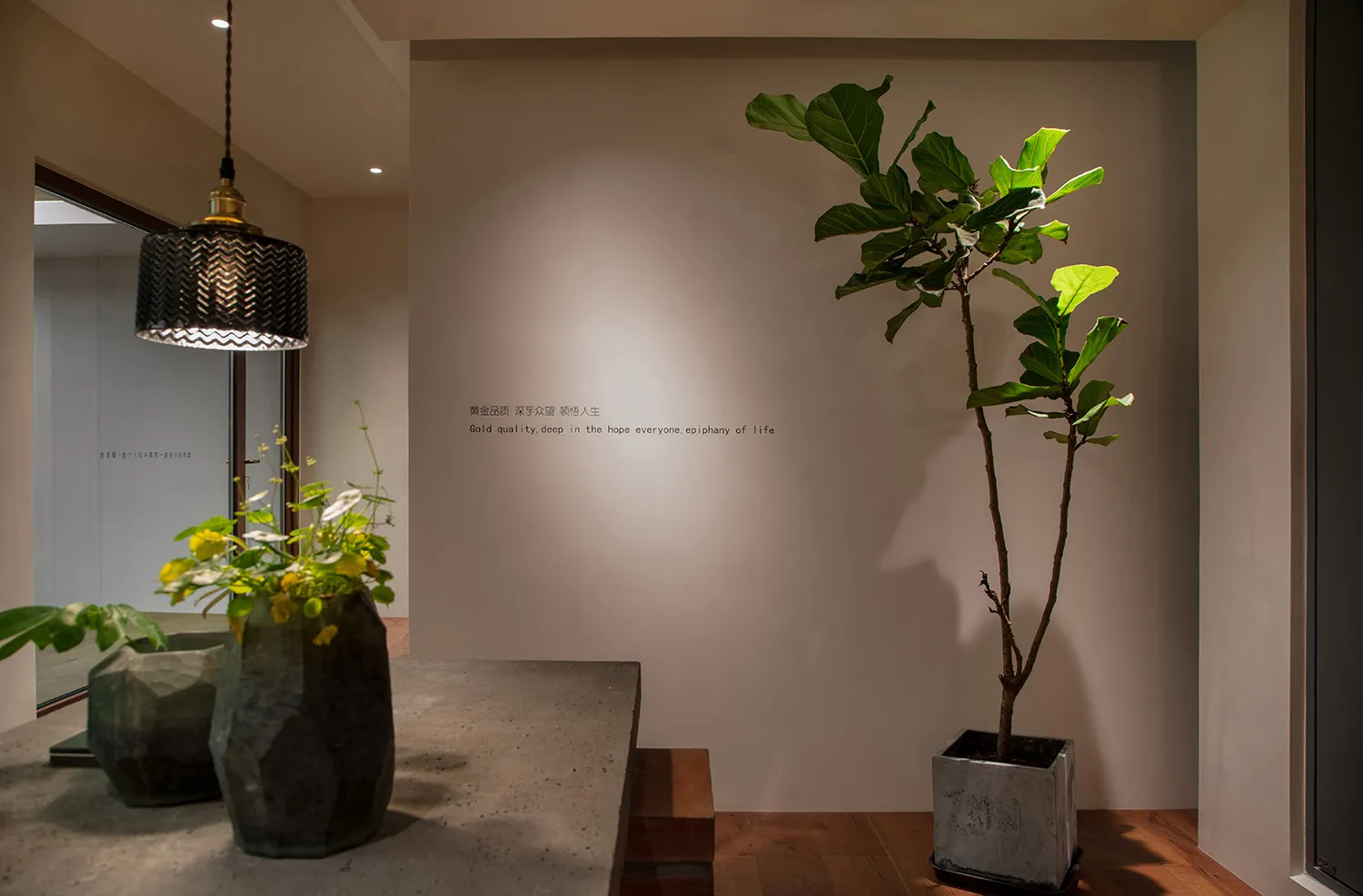 Concrete planter with green plant in a modern interior design setting.