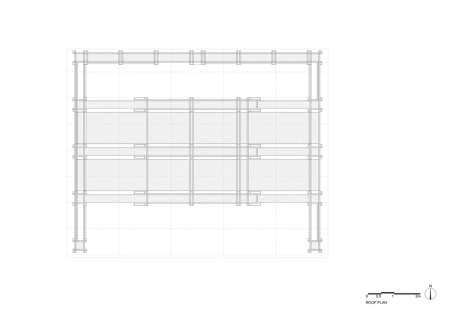 A detailed 2D architectural drawing of a metal-frame roof plan.