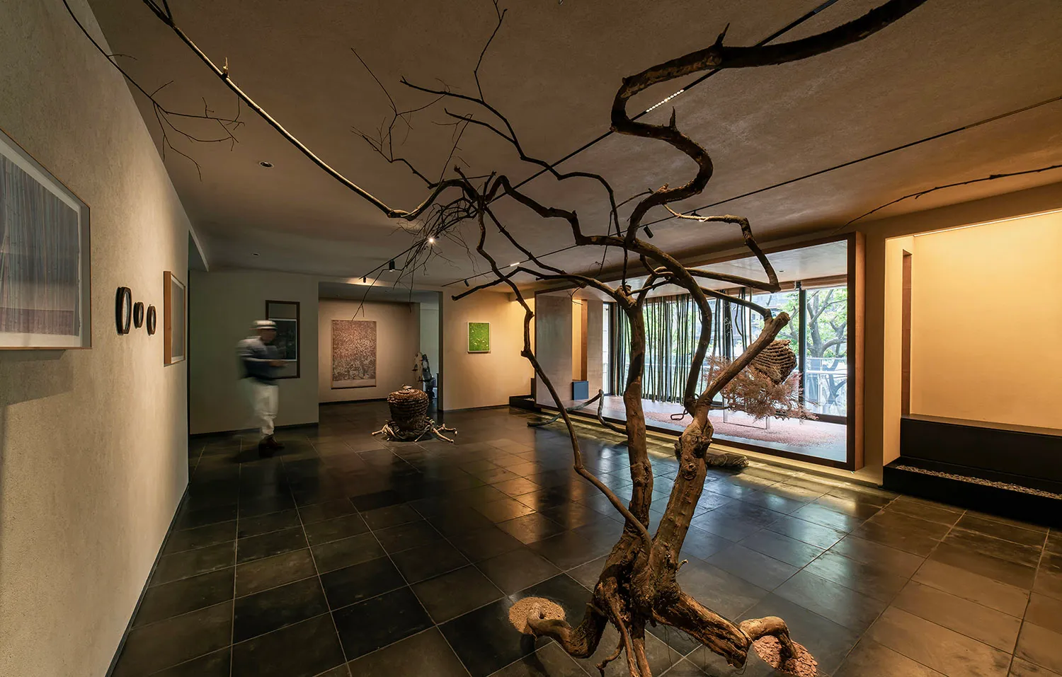 A modern art museum with a prominent natural tree installation, featuring contemporary art displays.
