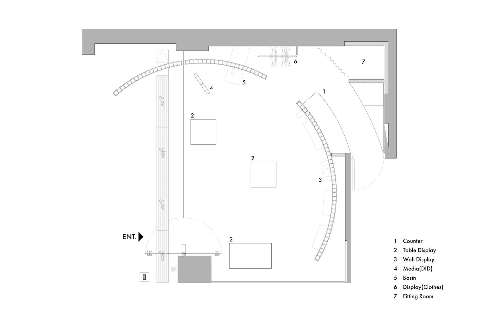 零售展示平面圖，標示櫃台、桌台展示、牆面展示、媒體區、洗手台、服裝展示等區域