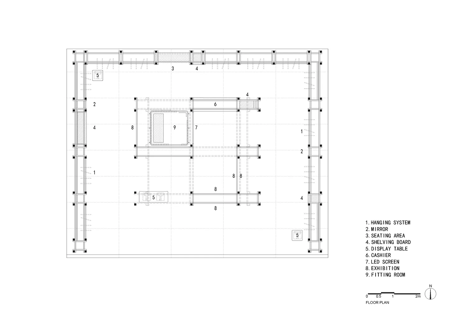 A detailed architectural drawing of a modern retail space with a concrete floor and a grid-like layout.