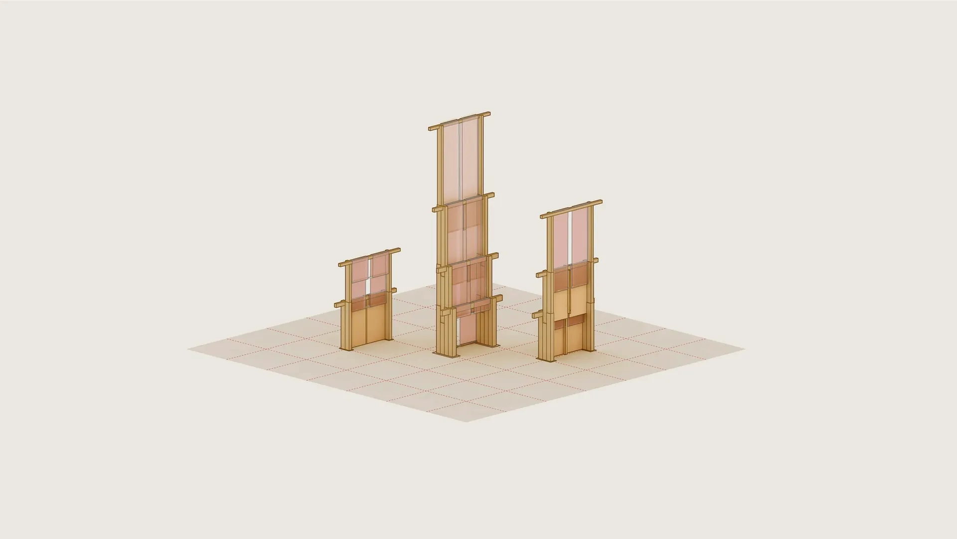Three elevator shafts with wooden construction material.