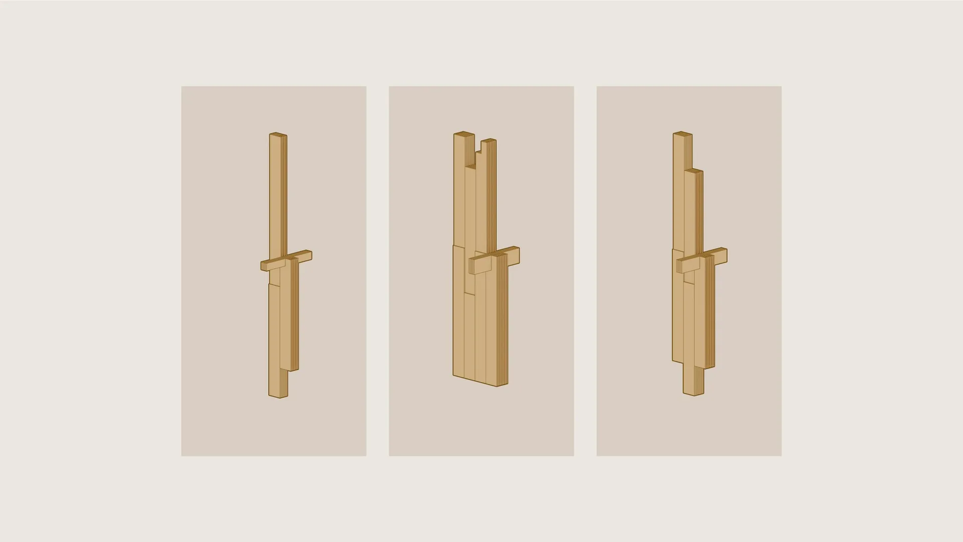 Technical engineering drawing of wooden joints in a 3D perspective view.