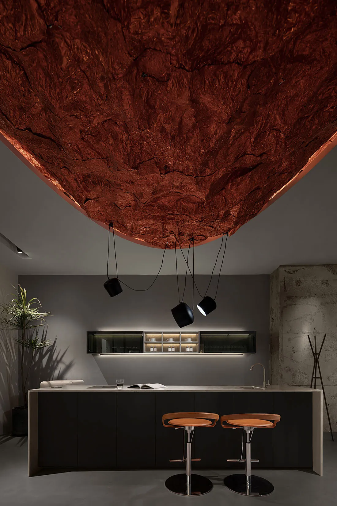 Modern minimalist commercial kitchen featuring metallic ceiling and sleek black cabinetry.