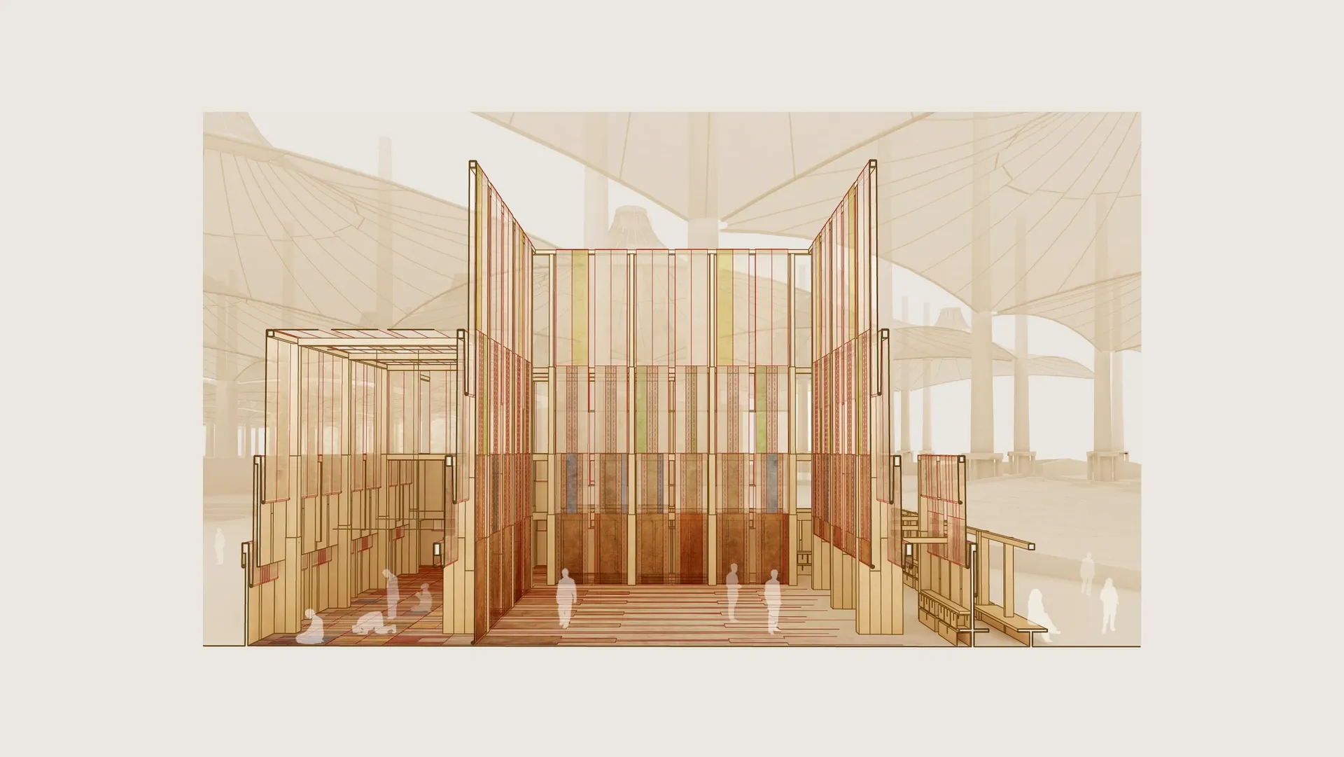 A modern interior design space with a combination of materials and colors.