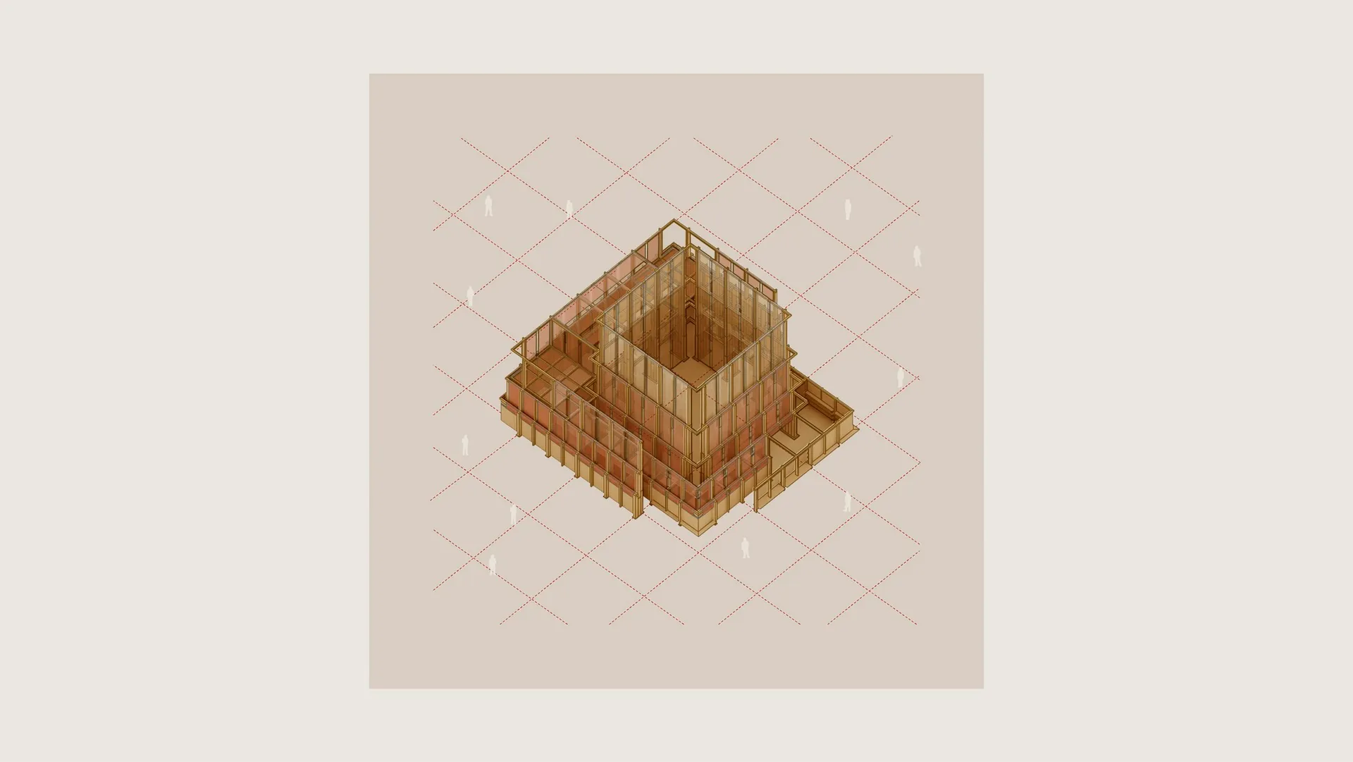 Isometric drawing of a modern architectural interior with glass panels.