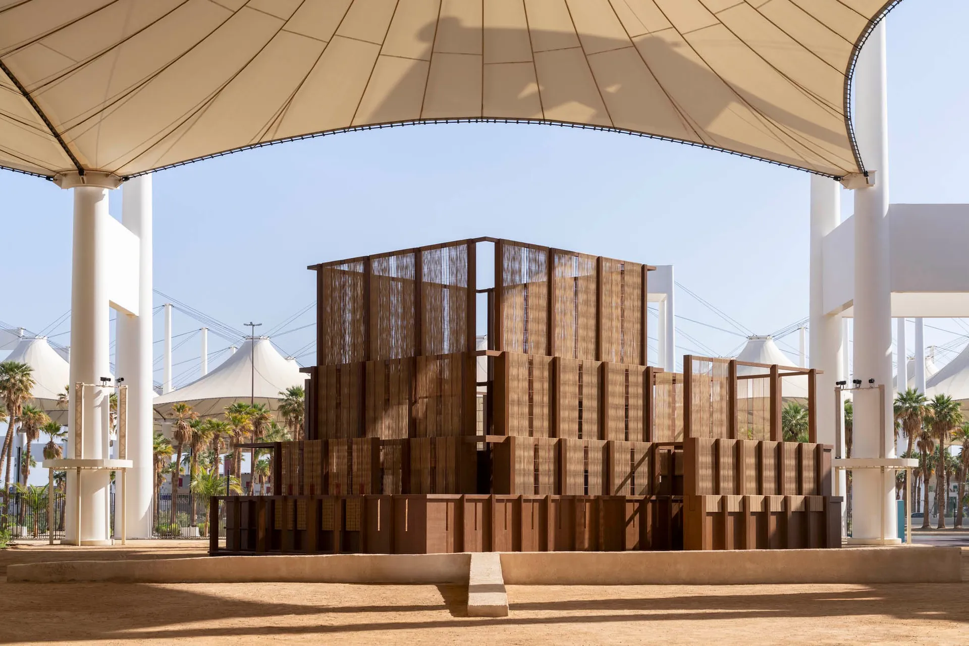 A modern architectural structure made of wood.