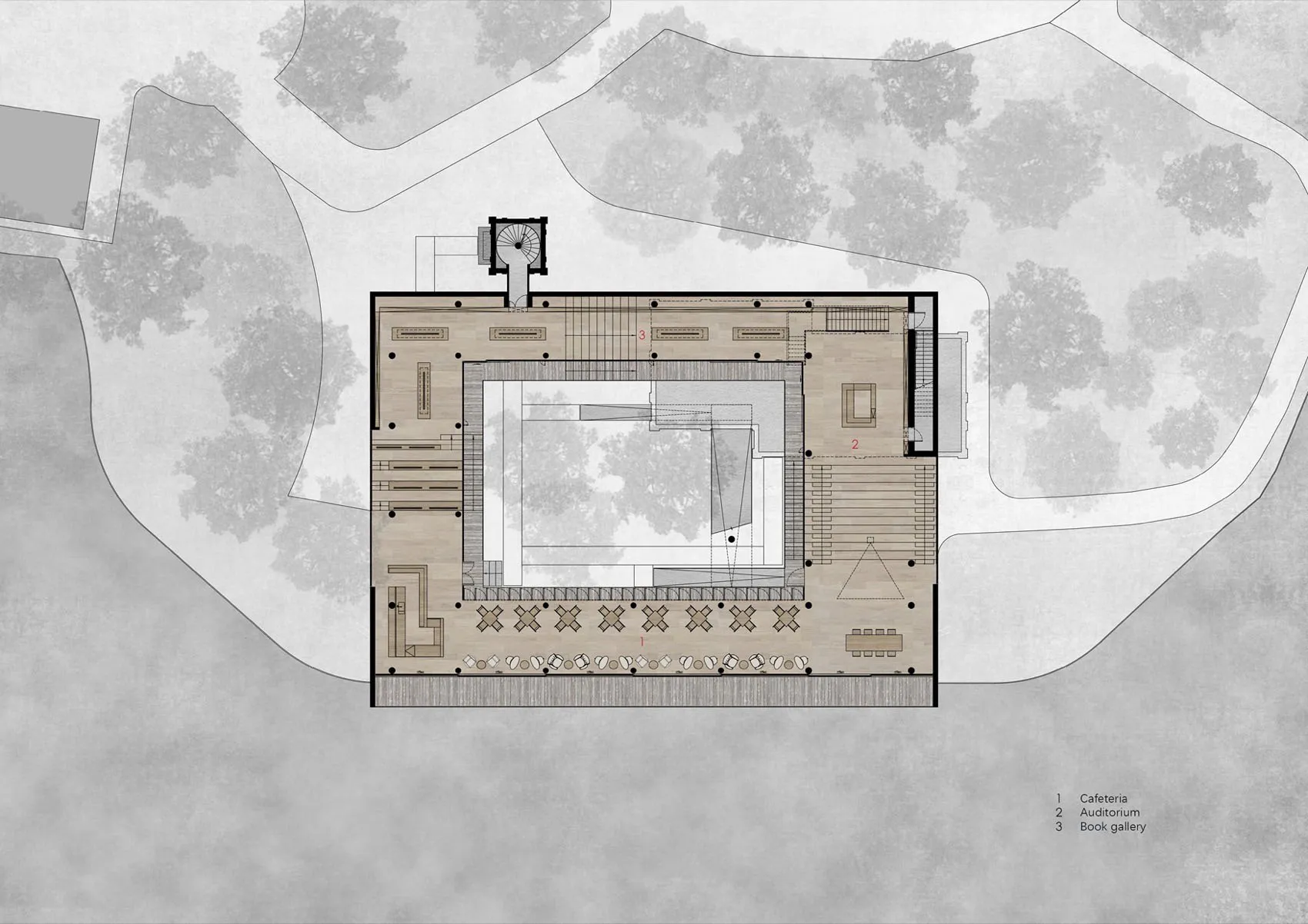 Floor plan of a modern office building with indoor and outdoor spaces.
