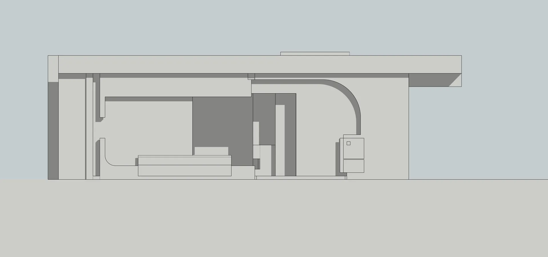 A 2D architectural drawing depicting a modern residential interior with concrete finishes.