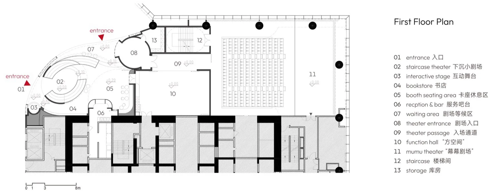 First Floor Plan of a modern theater interior, featuring various functional zones such as entrances, staircases, and seating 