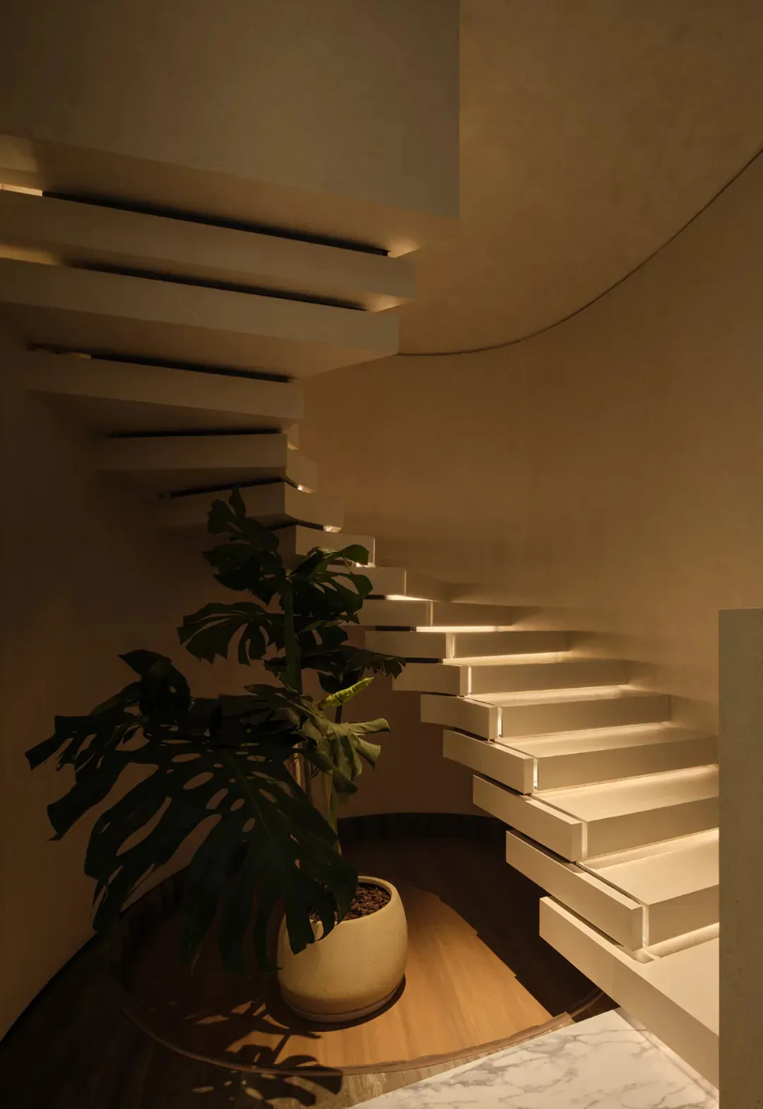 Mid-century modern staircase in an indoor setting.