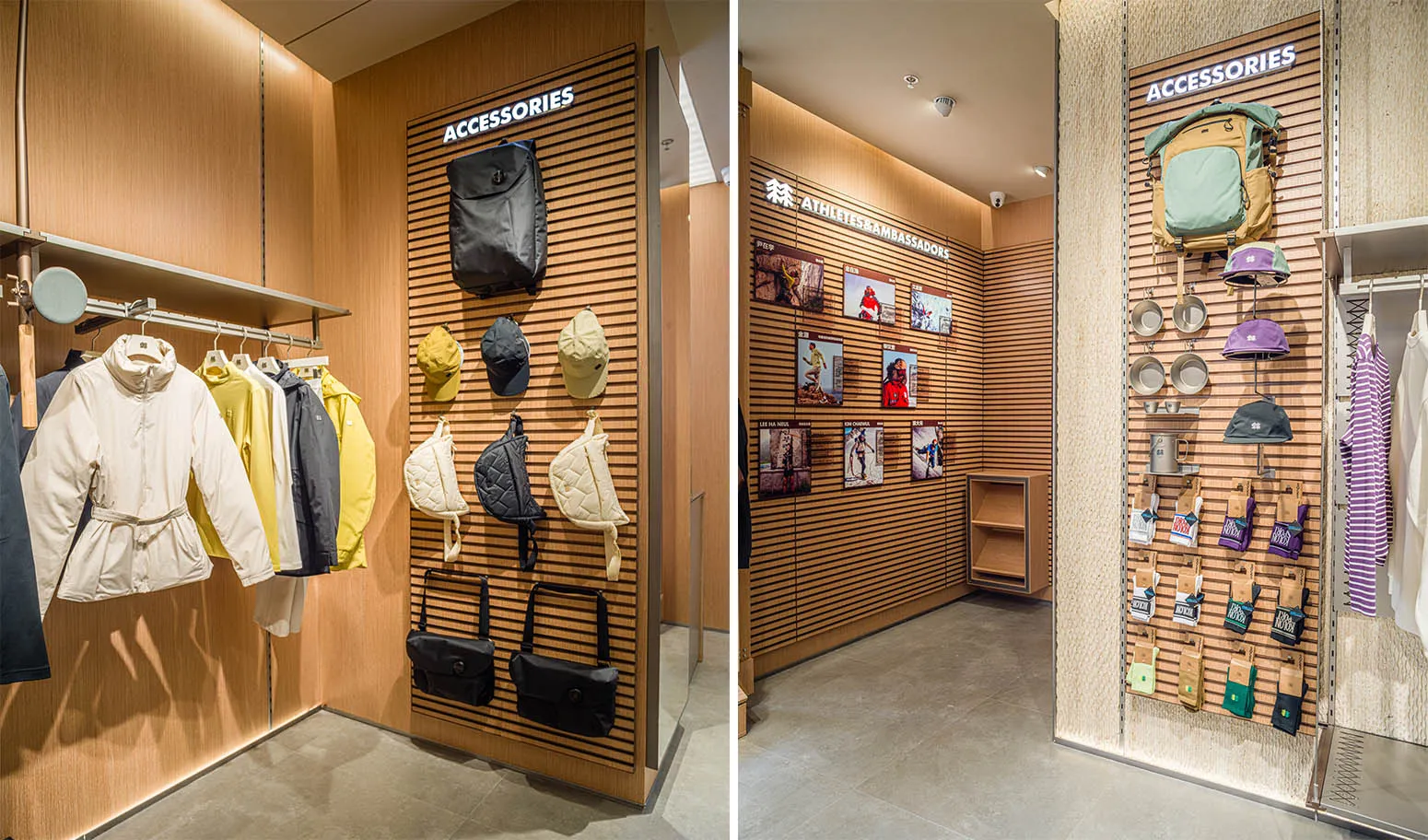 A retail store displaying various accessories, including bags, hats, and clothing, arranged on wooden panels.