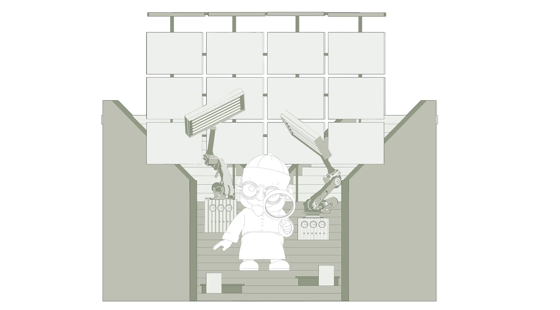 Cross-section of a minimalist office space with modern steel and glass elements.