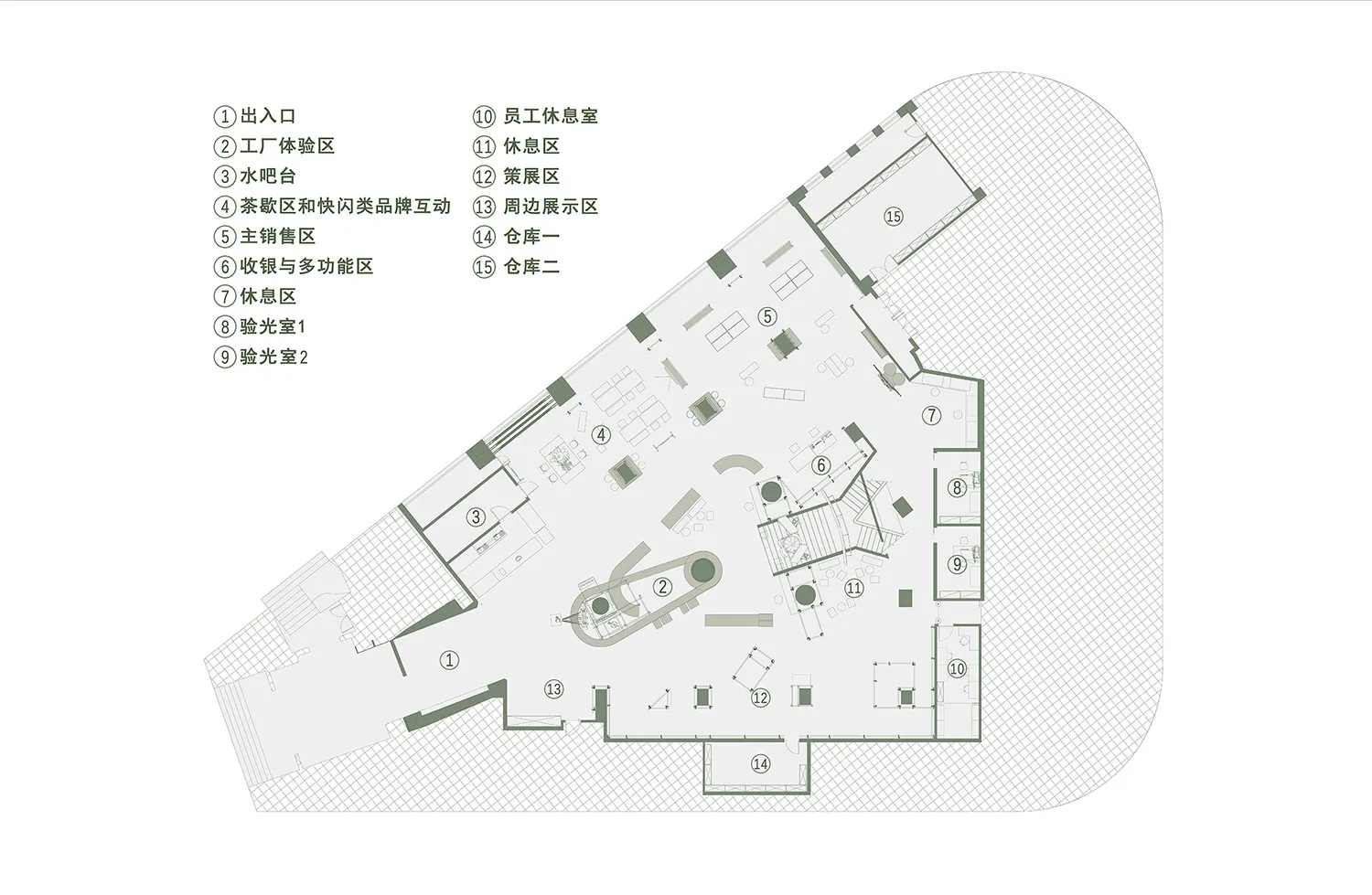 辦公空間平面圖,展示不同功能區域以及設計中使用的混合材質。