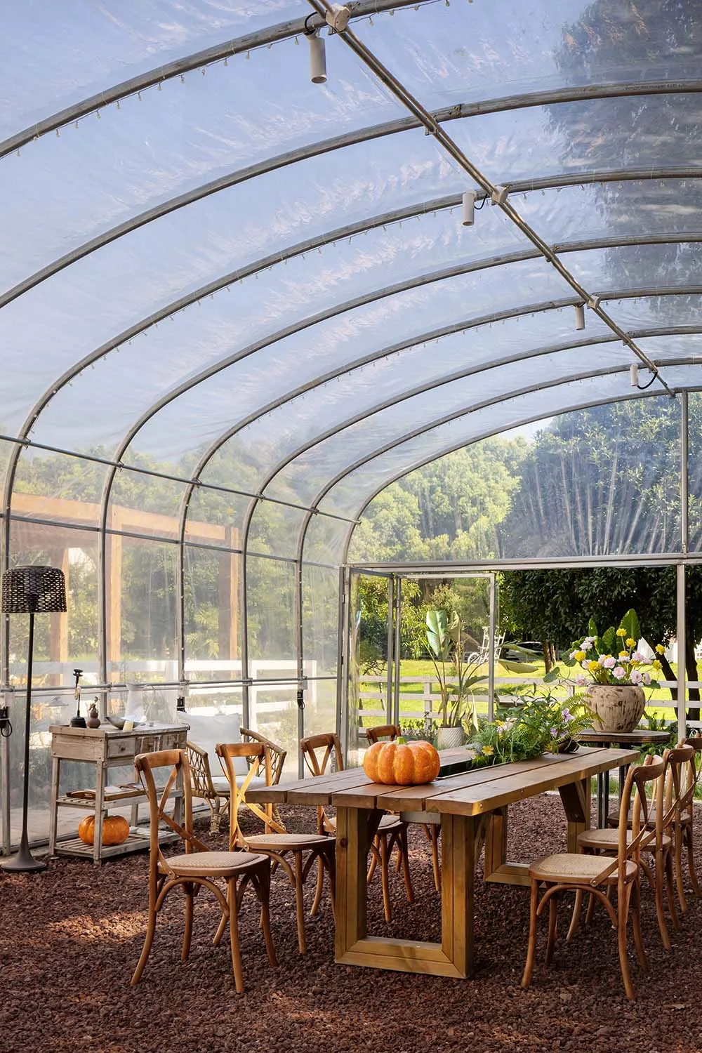 A rustic, industrial greenhouse features an outdoor dining area with wooden furniture and glass walls.