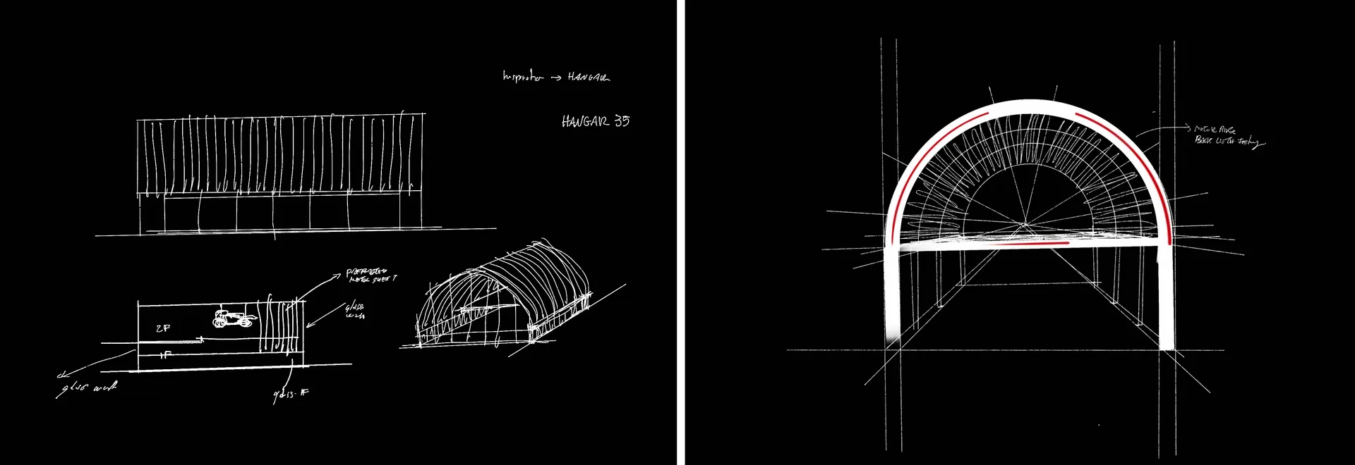 Detailed architectural rendering of a hangar showcasing structural and material details.