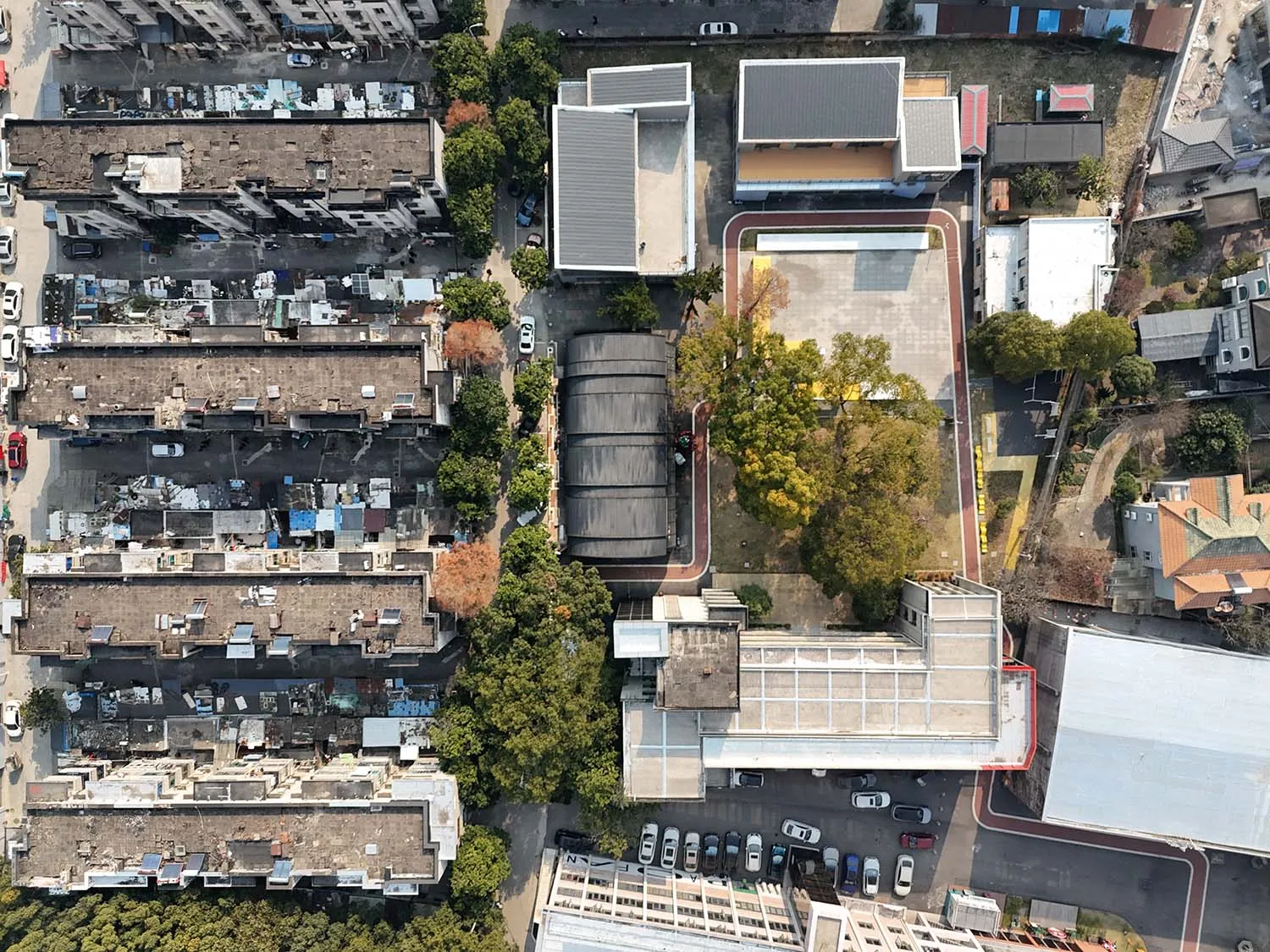 A modern office building with a concrete floor plan viewed from above.