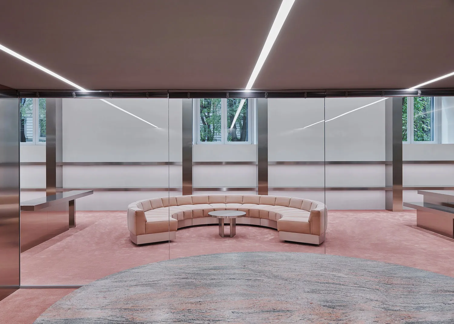 Modern office space featuring contemporary furniture, sleek design, and minimalistic decor.