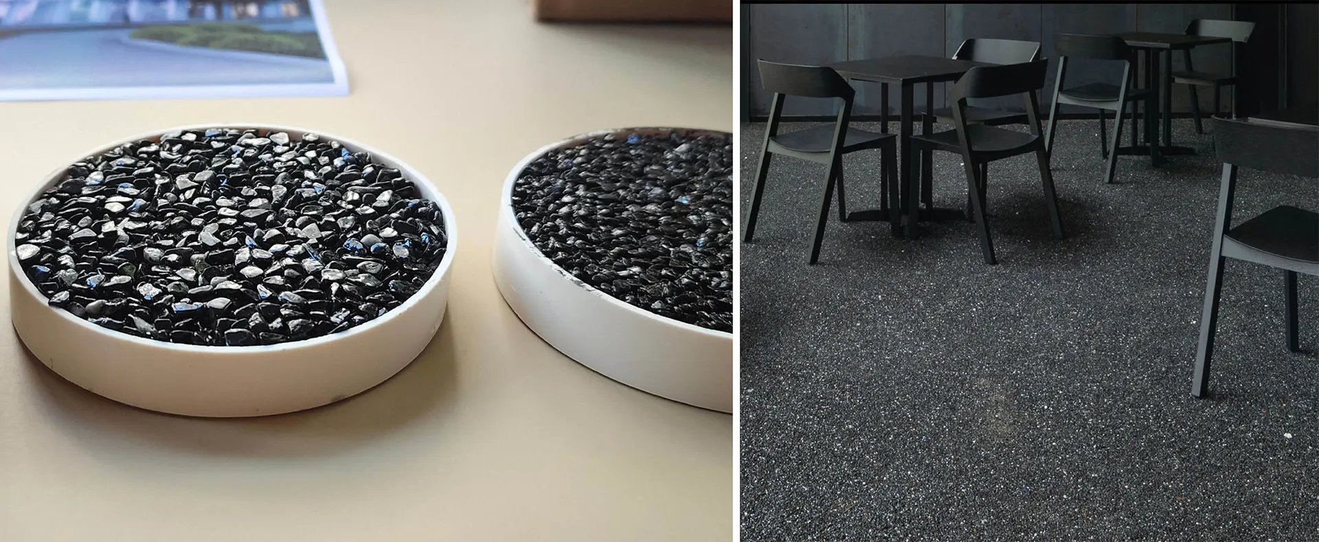 Black metal chairs and tables set on metallic floor.