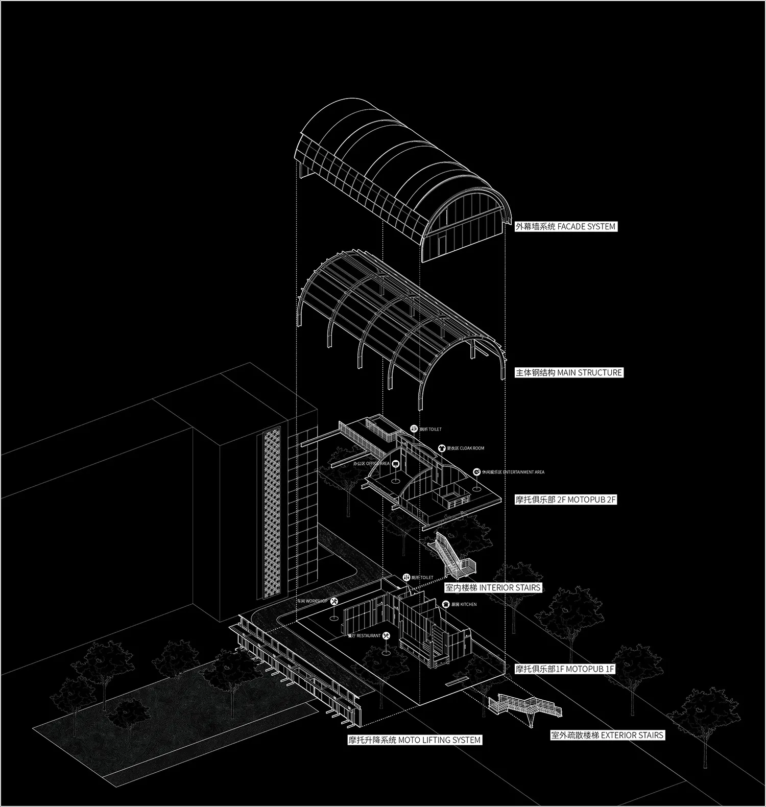 A detailed architectural section drawing of a modern building, showcasing materials and structural components.