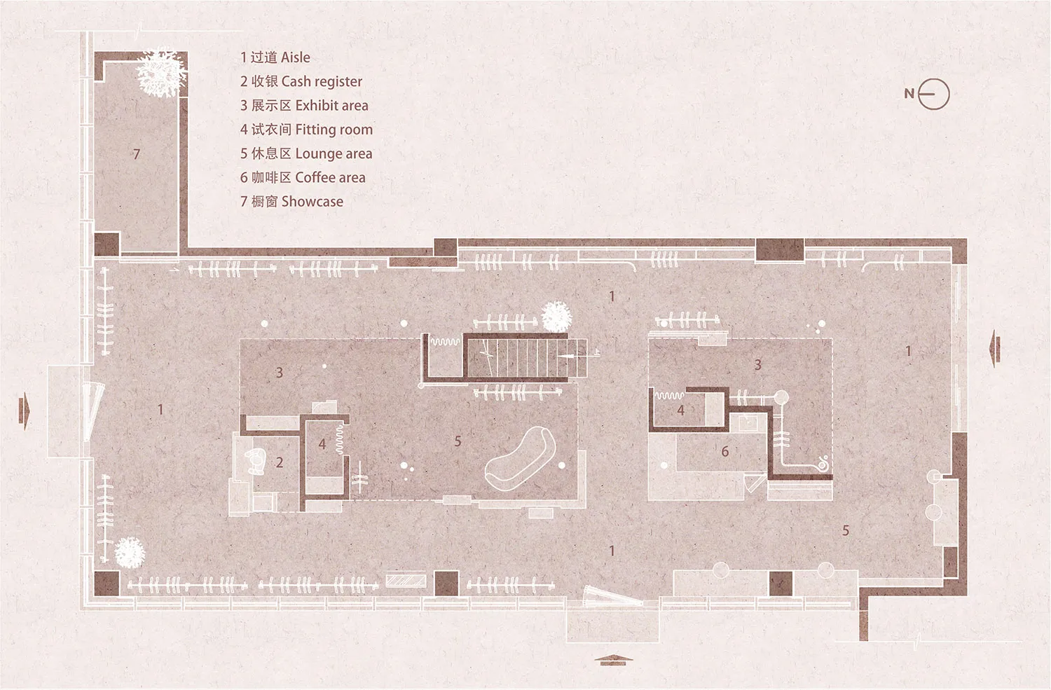 店內空間的2D建築圖，標示各功能區域。