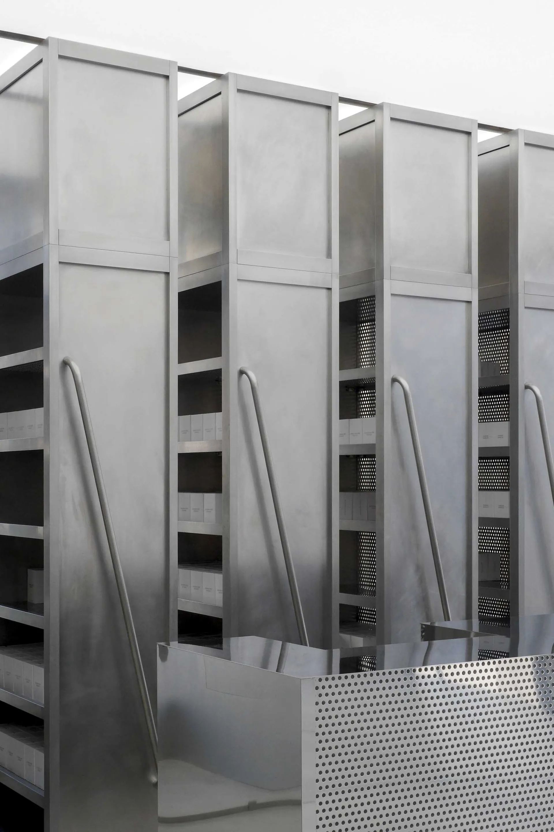Modern industrial storage system constructed from metal with a modular design.