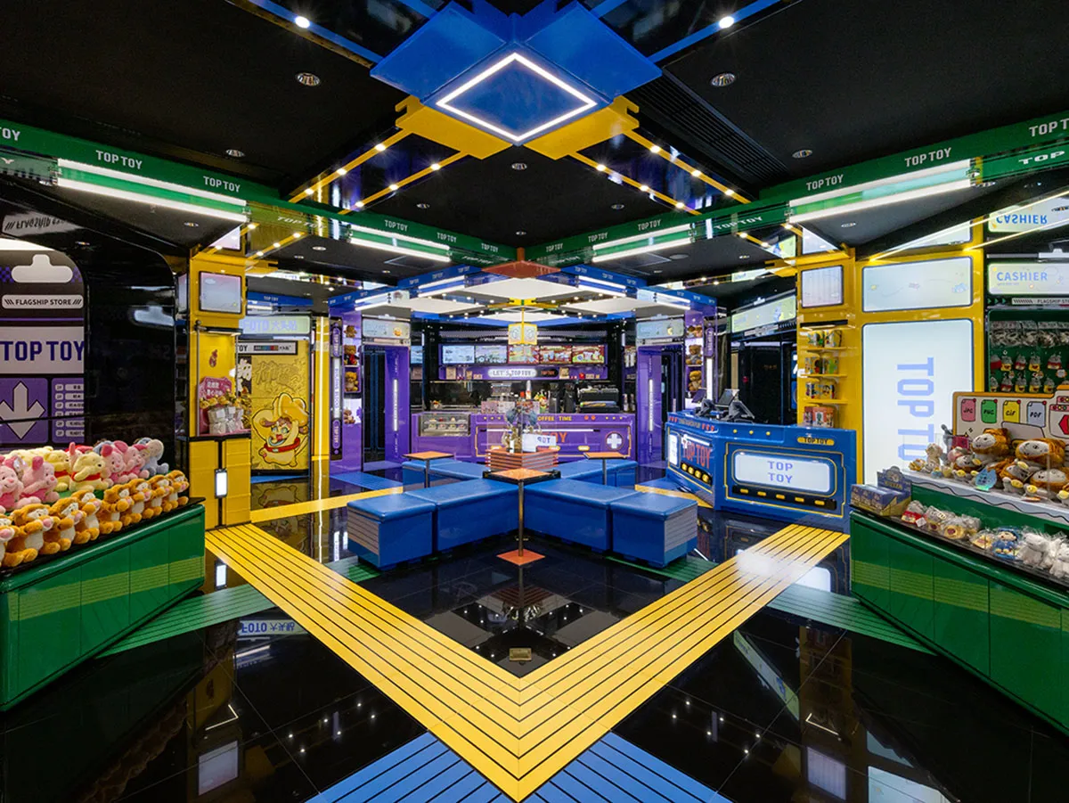 A modern retail store with a vibrant color scheme featuring plastic and metal elements.